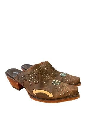 Dan Post Aria Brown Leather Inlay Studded Western Mule Heel Women size 8